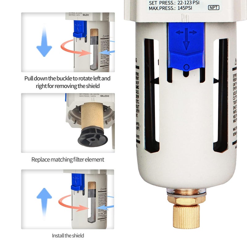 BLCH 3/8" NPT Air Compressor Filter - Air Dryer for Compressor,Compressed Air Dryer Air Drying System AF3000-03 Manual Drain Poly Bowl 0-160 PSI 5μm - Image 2